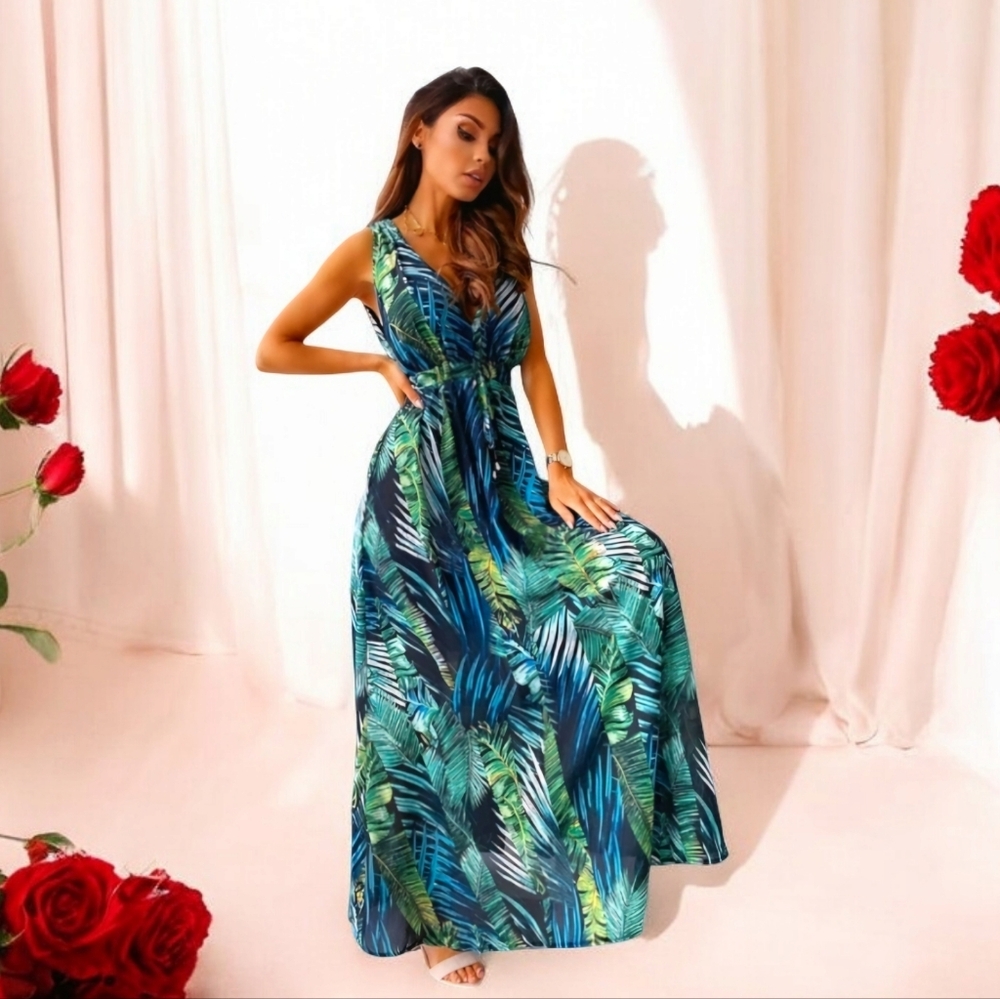 NWT ● Tropical Lightweight Flowy Maxi Dress | Waist Cinched Tie | Size L…